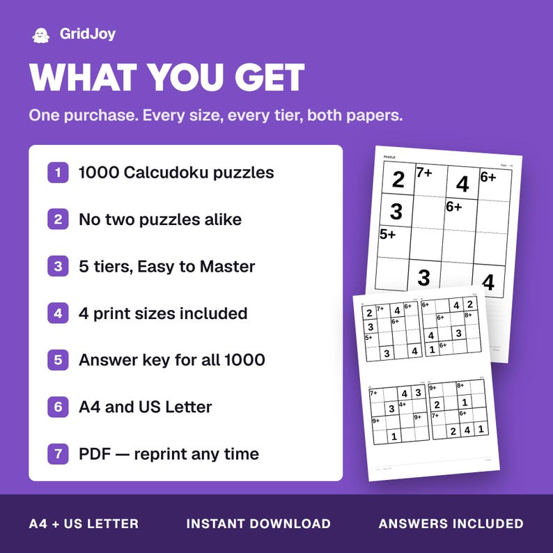 Peut inclure: Un graphique num&eacute;rique violet intitul&eacute; WHAT YOU GET &eacute;num&eacute;rant sept caract&eacute;ristiques de 1000 puzzles Calcudoku, dont 5 niveaux, 4 formats d'impression, des corrig&eacute;s et des fichiers PDF A4 ou US Letter. Deux feuilles blanches avec des grilles sont visibles.