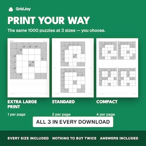 Peut inclure: Un affichage num&eacute;rique avec la marque GridJoy et le texte PRINT YOUR WAY. Il pr&eacute;sente trois options de mise en page pour 1000 puzzles : Extra Large Print avec 1 par page, Standard avec 2 par page et Compact avec 4 par page, tout en un seul t&eacute;l&eacute;chargement.