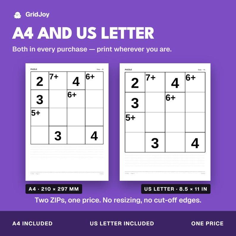 Peut inclure: Un ensemble de feuilles de puzzle num&eacute;riques avec deux formats, A4 et US Letter. Les pages pr&eacute;sentent une grille avec des chiffres et des symboles math&eacute;matiques. Le texte inclut GridJoy, A4 AND US LETTER, et les dimensions 210 x 297 MM et 8.5 x 11 IN.