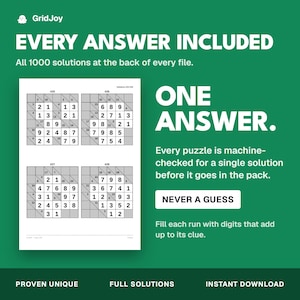 Peut inclure: Un graphique promotionnel vert pour GridJoy pr&eacute;sentant quatre puzzles num&eacute;riques de type Sudoku. Le texte indique : EVERY ANSWER INCLUDED, ONE ANSWER, NEVER A GUESS, PROVEN UNIQUE, FULL SOLUTIONS, INSTANT DOWNLOAD et des instructions de jeu.