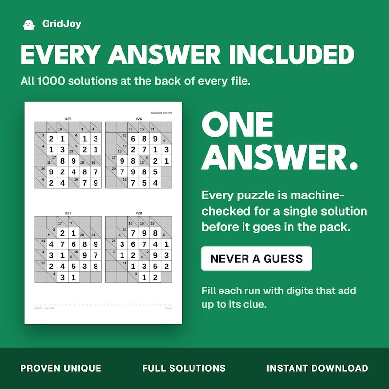 Peut inclure: Un graphique promotionnel vert pour GridJoy pr&eacute;sentant quatre puzzles num&eacute;riques de type Sudoku. Le texte indique : EVERY ANSWER INCLUDED, ONE ANSWER, NEVER A GUESS, PROVEN UNIQUE, FULL SOLUTIONS, INSTANT DOWNLOAD et des instructions de jeu.