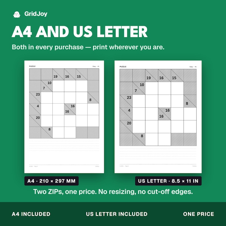 Peut inclure: Deux feuilles de puzzle imprimables &eacute;tiquet&eacute;es A4 et US Letter. La feuille A4 mesure 210 x 297 mm et la feuille US Letter mesure 8,5 x 11 pouces. Chaque feuille pr&eacute;sente une grille avec des carr&eacute;s num&eacute;rot&eacute;s et des sections diagonales ombr&eacute;es.