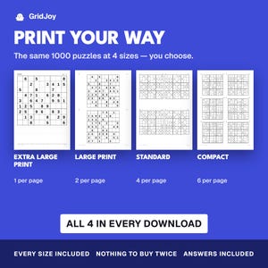 以下が含まれることがあります： GridJoyのデジタル製品ディスプレイ。1000問の数独パズルを4つのレイアウトで紹介：1ページ1問のExtra Large Print、1ページ2問のLarge Print、1ページ4問のStandard、1ページ6問のCompact。テキストには「Print Your Way」および「All 4 In Every Download」が含まれています。