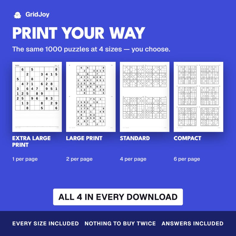 以下が含まれることがあります： GridJoyのデジタル製品ディスプレイ。1000問の数独パズルを4つのレイアウトで紹介：1ページ1問のExtra Large Print、1ページ2問のLarge Print、1ページ4問のStandard、1ページ6問のCompact。テキストには「Print Your Way」および「All 4 In Every Download」が含まれています。