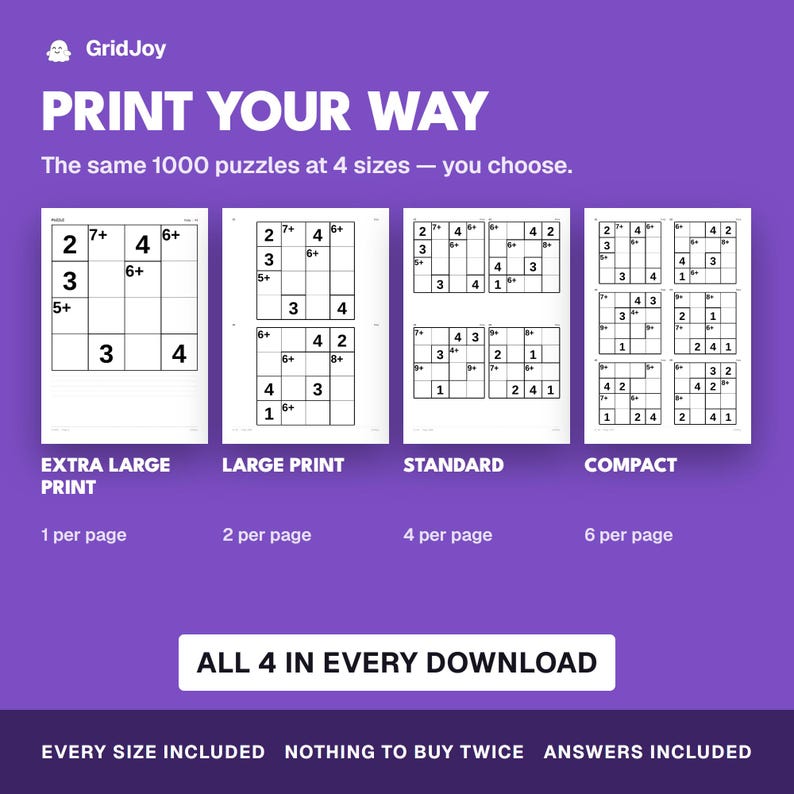 Peut inclure: Un affichage graphique violet intitul&eacute; PRINT YOUR WAY pr&eacute;sentant 1000 puzzles en quatre tailles : Extra Large Print avec 1 par page, Large Print avec 2 par page, Standard avec 4 par page et Compact avec 6 par page. Texte : ALL 4 IN EVERY DOWNLOAD.