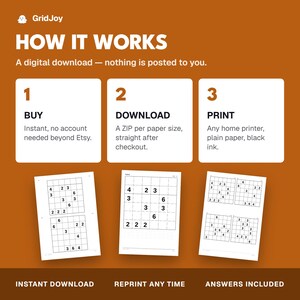 Peut inclure: Un graphique explicatif sur fond orange br&ucirc;l&eacute; intitul&eacute; HOW IT WORKS, d&eacute;taillant le processus de t&eacute;l&eacute;chargement num&eacute;rique de puzzles Sudoku. Il pr&eacute;sente trois &eacute;tapes : 1 BUY, 2 DOWNLOAD, 3 PRINT, avec des exemples de feuilles de jeux imprimables.