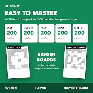Peut inclure: Un graphique informatif vert pour les packs de puzzles GridJoy intitul&eacute; EASY TO MASTER. Il affiche 5 niveaux de 200 puzzles chacun, totalisant 1000 puzzles. Deux exemples de grilles sont montr&eacute;s, &eacute;tiquet&eacute;s EASY 6x6 et MASTER 10x10.