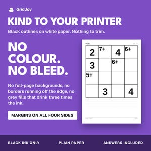 Peut inclure: Un graphique promotionnel violet pour GridJoy pr&eacute;sentant une grille de Sudoku 4x4 blanche avec des chiffres et symboles math&eacute;matiques noirs. Le texte inclut KIND TO YOUR PRINTER, NO COLOUR. NO BLEED., MARGINS ON ALL FOUR SIDES, BLACK INK ONLY, PLAIN PAPER, et ANSWERS INCLUDED.