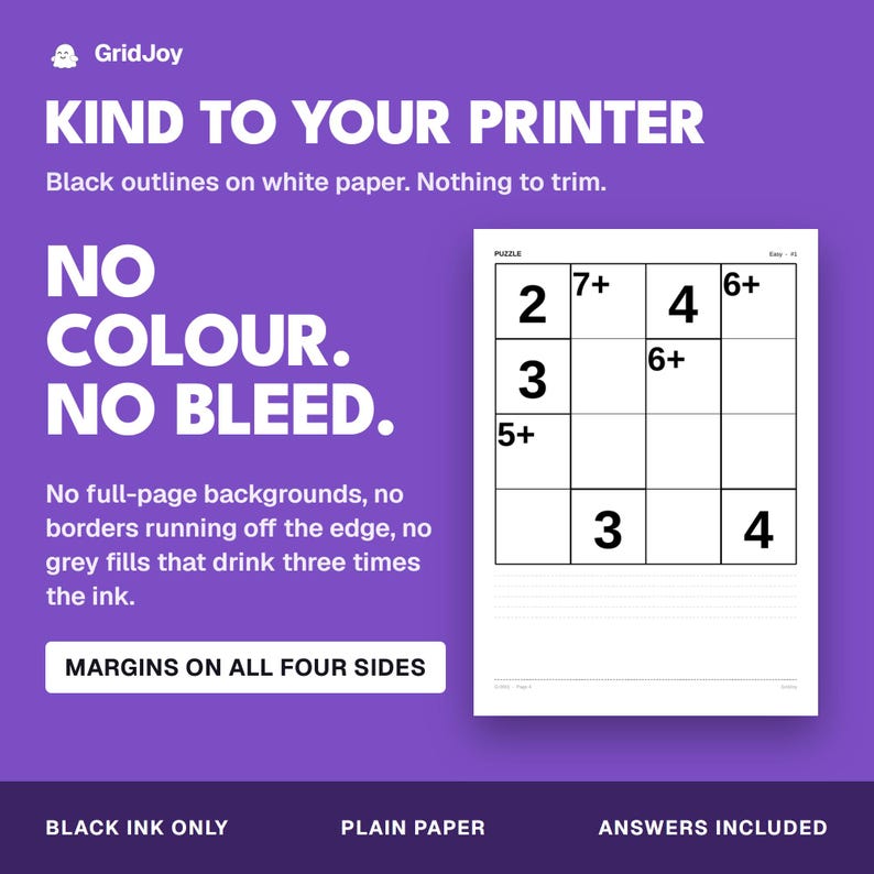 Peut inclure: Un graphique promotionnel violet pour GridJoy pr&eacute;sentant une grille de Sudoku 4x4 blanche avec des chiffres et symboles math&eacute;matiques noirs. Le texte inclut KIND TO YOUR PRINTER, NO COLOUR. NO BLEED., MARGINS ON ALL FOUR SIDES, BLACK INK ONLY, PLAIN PAPER, et ANSWERS INCLUDED.