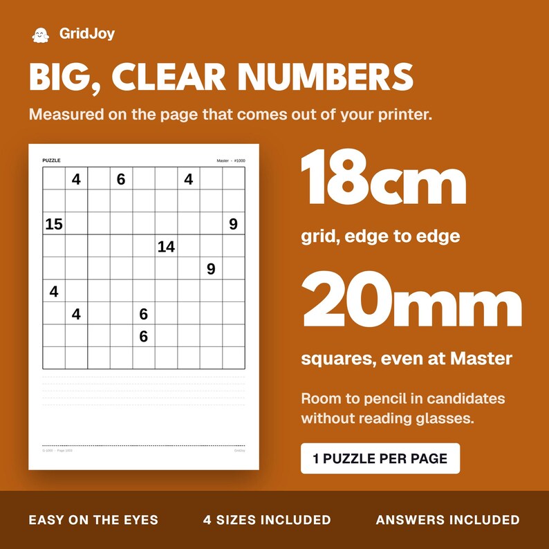 Peut inclure: Une page de puzzle Sudoku imprimable avec de grands chiffres clairs sur fond blanc. La grille mesure 18cm de bord &agrave; bord avec des carr&eacute;s de 20mm. Le texte inclut BIG, CLEAR NUMBERS, 18cm grid, edge to edge, 20mm squares, even at Master, 1 PUZZLE PER PAGE.