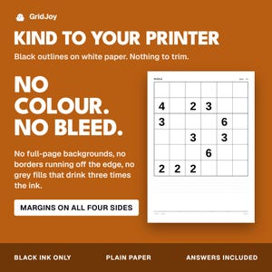 Peut inclure: Un graphique num&eacute;rique sur fond rouille avec le texte KIND TO YOUR PRINTER, NO COLOUR. NO BLEED. et MARGINS ON ALL FOUR SIDES. Il pr&eacute;sente une feuille de Sudoku blanche avec des contours, des chiffres et du texte en noir.