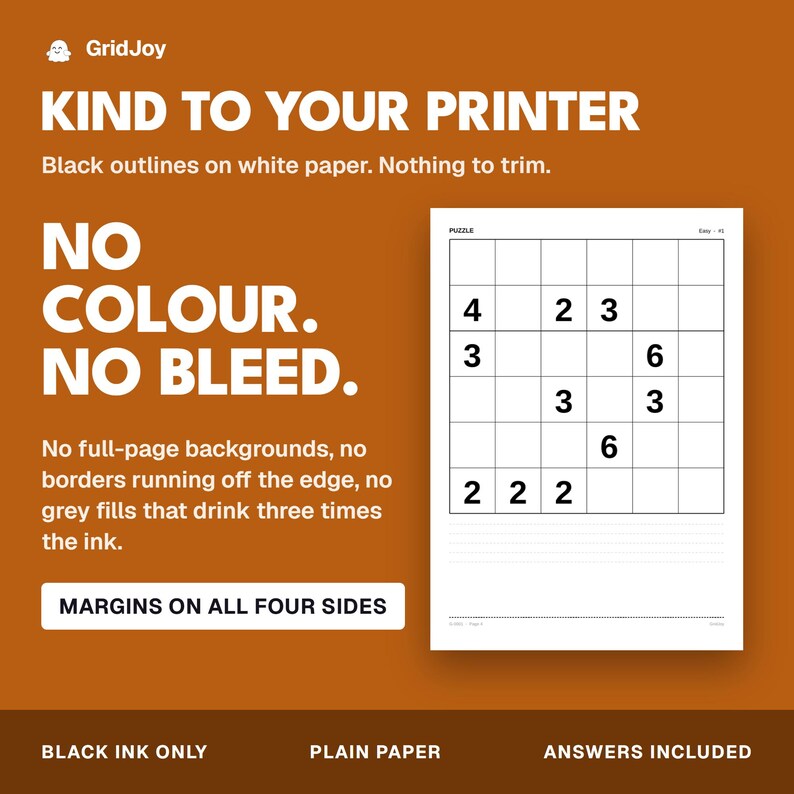 Peut inclure: Un graphique num&eacute;rique sur fond rouille avec le texte KIND TO YOUR PRINTER, NO COLOUR. NO BLEED. et MARGINS ON ALL FOUR SIDES. Il pr&eacute;sente une feuille de Sudoku blanche avec des contours, des chiffres et du texte en noir.