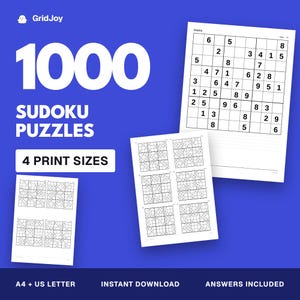 以下が含まれることがあります： 青い背景に表示された1000問の数独パズルコレクション。画像には、黒いグリッドと数字が記載された複数の白いページが表示されており、1000 SUDOKU PUZZLESおよび4 PRINT SIZESというテキストが記されています。