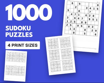 Grilles de Sudoku à imprimer pour adultes, 1000 niveaux de difficulté variable, 4 tailles, solutions, téléchargement instantané