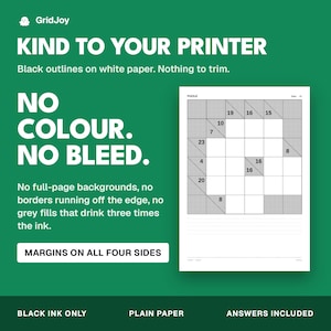 Peut inclure: Un graphique num&eacute;rique sur fond vert pr&eacute;sentant une grille de puzzle blanche avec des contours et des chiffres noirs. Le texte indique : KIND TO YOUR PRINTER, NO COLOUR. NO BLEED. MARGINS ON ALL FOUR SIDES, BLACK INK ONLY, PLAIN PAPER, ANSWERS INCLUDED.