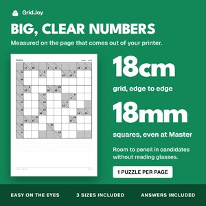 Peut inclure: Une page de puzzle imprimable avec une grille et des carr&eacute;s num&eacute;rot&eacute;s. Le texte indique : BIG, CLEAR NUMBERS, 18cm grid, edge to edge, 18mm squares, even at Master, Room to pencil in candidates without reading glasses, 1 PUZZLE PER PAGE, EASY ON THE EYES.