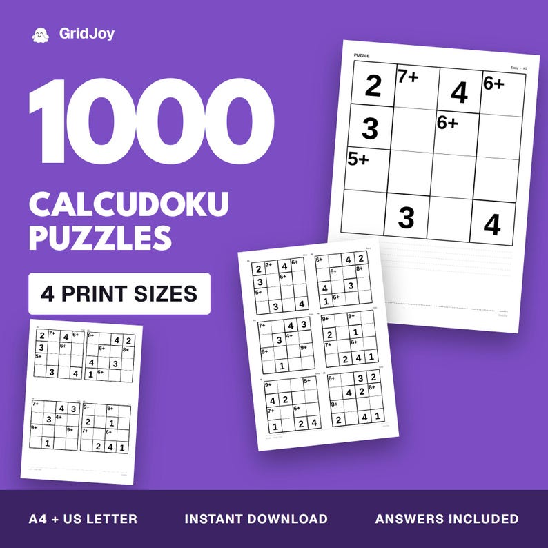 Peut inclure: Une collection num&eacute;rique de 1000 puzzles Calcudoku avec des pages blanches, des grilles noires et des indices num&eacute;riques. Le fond violet affiche le texte 1000 Calcudoku Puzzles, 4 Print Sizes, A4 + US Letter, Instant Download et Answers Included.