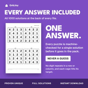 Peut inclure: Un graphique num&eacute;rique violet pr&eacute;sentant quatre puzzles de nombres de type Sudoku 4x4. Le texte inclut GridJoy, EVERY ANSWER INCLUDED, ONE ANSWER, NEVER A GUESS, ainsi que des descriptions des caract&eacute;ristiques des puzzles et des solutions.