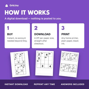 Peut inclure: Un graphique p&eacute;dagogique violet intitul&eacute; HOW IT WORKS expliquant un processus de t&eacute;l&eacute;chargement num&eacute;rique. Trois &eacute;tapes sont list&eacute;es : 1 BUY, 2 DOWNLOAD, 3 PRINT. En dessous, trois feuilles blanches pr&eacute;sentent des grilles de chiffres.