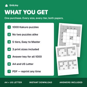 Peut inclure: Une fiche produit num&eacute;rique pour 1000 puzzles Kakuro sur fond vert. Le texte indique : WHAT YOU GET, One purchase. Every size, every tier, both papers. 1000 Kakuro puzzles, No two puzzles alike, 5 tiers, 3 print sizes, Answer key, A4 and US Letter, PDF.