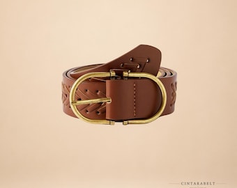 Brown Woven Waist Belt with Gold-Tone Buckle