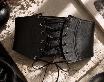 Black Lace-Up Waist Cincher Belt, Gothic Corset Style