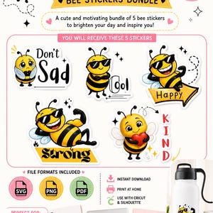 Puede incluir: Un paquete digital de cinco pegatinas de abejas amarillas y negras con diversas expresiones y poses. El texto incluye "Motivational Bee Stickers", "Don't Sad", "Cool", "Happy", "Strong" y "Kind". Los formatos de archivo incluyen SVG, PNG y PDF.