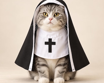 Halloween Nun Costume for Dogs and Cats, Black and White Pet Hood with Cross, Funny Puppy Kitten Party Outfit, S M L