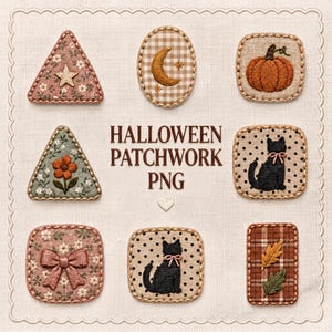 Könnte beinhalten: Eine Sammlung von acht bestickten Stoffaufnähern mit verschiedenen Motiven wie einem Stern, einer Mondsichel, einem Kürbis, einer Blume, schwarzen Katzen, einer Schleife und Blättern. Der Text HALLOWEEN PATCHWORK PNG steht mittig auf dem Stoff.