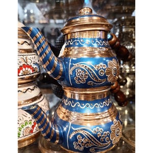 Handmade Blue Copper Tea Pot Set – Traditional Engraved Stovetop Teapot, Ottoman Style Turkish Caydanlik