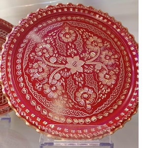 Handgefertigtes, rotes Dekotablett aus Kupfer – Traditionell graviertes Serviertablett – Authentische anatolische Wanddekoration