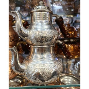 Hand Engraved Silver Plated Copper Teapot Set, Ottoman Turkish Tea Maker