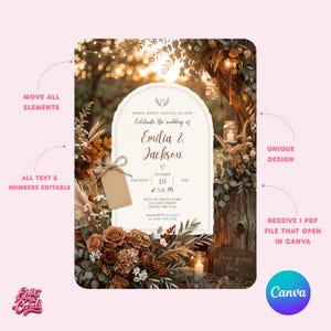 May include: A wedding invitation template featuring an arched white card with the text "Celebrate the wedding of Emilia & Jackson" and event details. The design includes a blank brown gift tag, dried floral arrangements, and hanging lanterns.