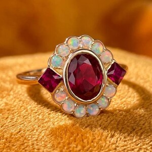May include: A gold ring featuring a central oval-cut deep red ruby, flanked by two square-cut rubies on either side. The center stone is surrounded by a halo of small, round, iridescent white opals set in a scalloped gold frame design.