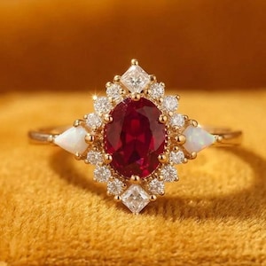 Oval Cut Red Ruby Wedding Ring For Women's | Elegant Gemstone Jewelry | Handmade Engagement Ring | 14K Yellow Gold Plated | Special Gift.