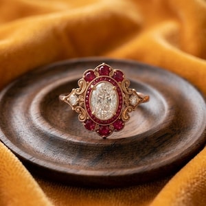 May include: A gold ring featuring a central oval-cut white diamond surrounded by a halo of small round red rubies. The metal setting displays intricate scrollwork and milgrain detailing, with two small diamonds set on the sides of the band.