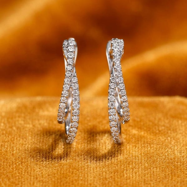 Moissanite Twist Hoop Earrings | 14K White Gold Hoop Earrings | Minimalist Clip-On Earrings | Pave Diamond Hoop Earrings | Gift for Her