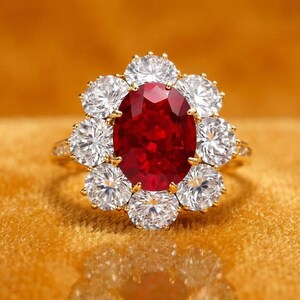 May include: A gold ring featuring a large, oval-cut, deep red gemstone at the center, surrounded by a halo of ten round, clear, brilliant-cut stones. The setting is crafted from polished yellow gold, with each stone held securely by small metal prongs.