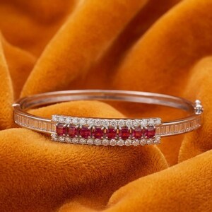14K witgoud vergulde robijnarmband | Armband met baguette- en ronde robijnen voor dames | Diamanten armband | Handgemaakte sieraden | Cadeau voor haar