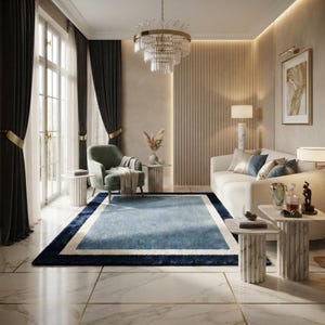 Blue Wool Rug, Bordered Area Rug, Hand Tufted Living Room Rug, Modern Luxury Floor Rug, Rectangular Accent Rug, Elegant Home Decor Carpet