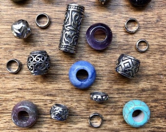 Juego de cuentas para rastas de acero inoxidable y piedras preciosas / Agujero de 6-7 mm