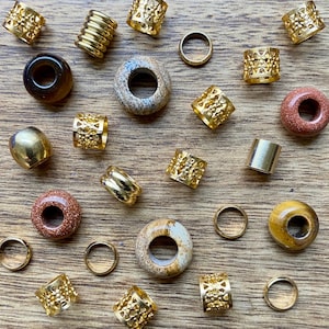 Set Of 25 Golden Days Dread Bead Pack 6mm / 9mm (1/4 - 3/8 Inch) Gemstone + Stainless Steel Dreadlock Beads + Filigree Dread Cuffs