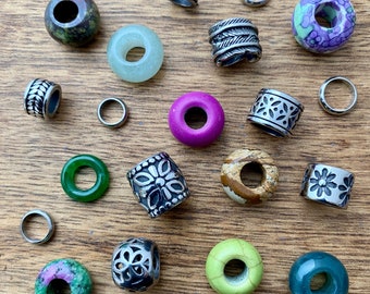 Set Of 20 Gemstone | Stainless Steel Dread Bead Pack 6mm/8mm Hole (1/4 - 5/16 inch) Purple Green Fairy Garden Hair Dreadlock Accessories