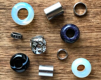 Set Of 10 | Midnight Sky Dreadlock Beads Stainless + Gemstone 6mm / 8mm Hole (1/4 - 5/16 Inch) Dread Jewelry | Dreadlock Accessories | Hair