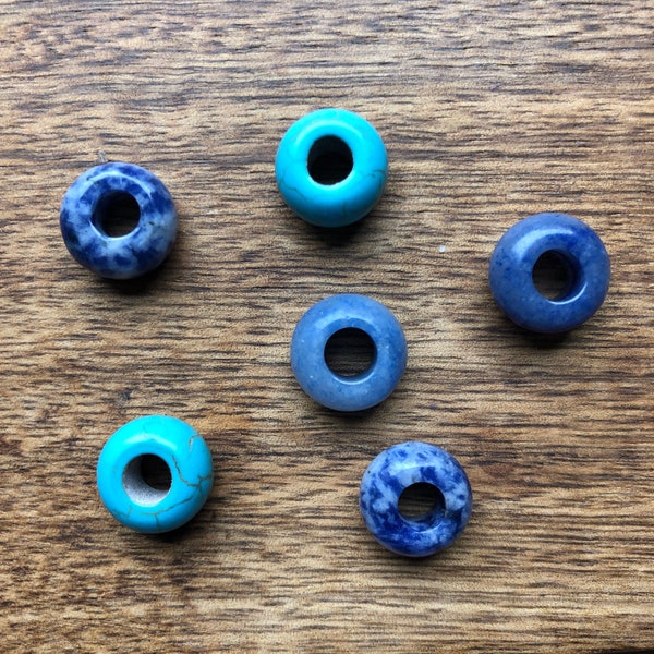 Set Of 6 Blue Gemstone Dreadlock Beads 6mm Hole (1/4 Inch) Dreadlock Accessories Hair Beads | Aventurine | Ceramic | Blue Stone