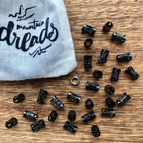 40 micro-manchettes dreadlocks noires | Petites perles pour les cheveux, trou de 4 mm (3/16 po.) et anneau d'effroi en acier inoxydable GRATUIT | Accessoires pour dreadlocks | Bijoux d'effroi