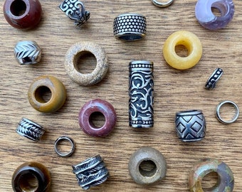 DUSK, lot de 20 | Perles Dreadlocks | Acier inoxydable + pierres précieuses, trou de 6 mm - 8 mm (1/4 - 5/16 po.) Bijoux Dread Accessoires dreadlocks