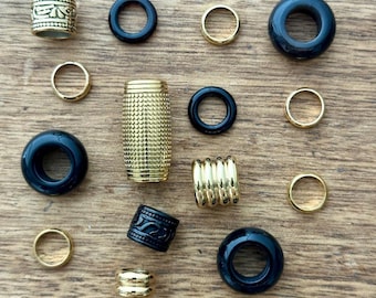Golden Black Dreadlock Bead Set: Agate Gemstone & Stainless Steel