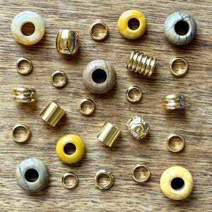 Set Of 25 Sahara Gemstone | Stainless Steel Dread Bead Pack 5mm/7mm Hole (3/16 - 9/32 inch) Gold Yellow Sand Dreadlock Hair Beads