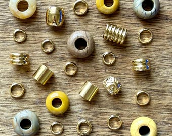 Set Of 25 Sahara Gemstone | Stainless Steel Dread Bead Pack 5mm/7mm Hole (3/16 - 9/32 inch) Gold Yellow Sand Dreadlock Hair Beads